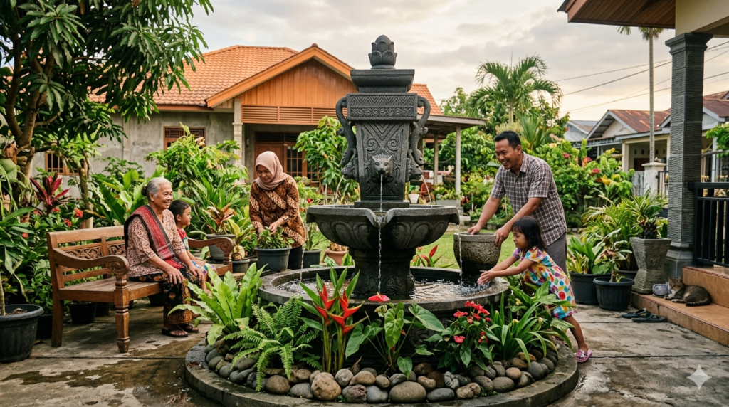 cast stone fountain atau hiasan air taman dari batu cor.