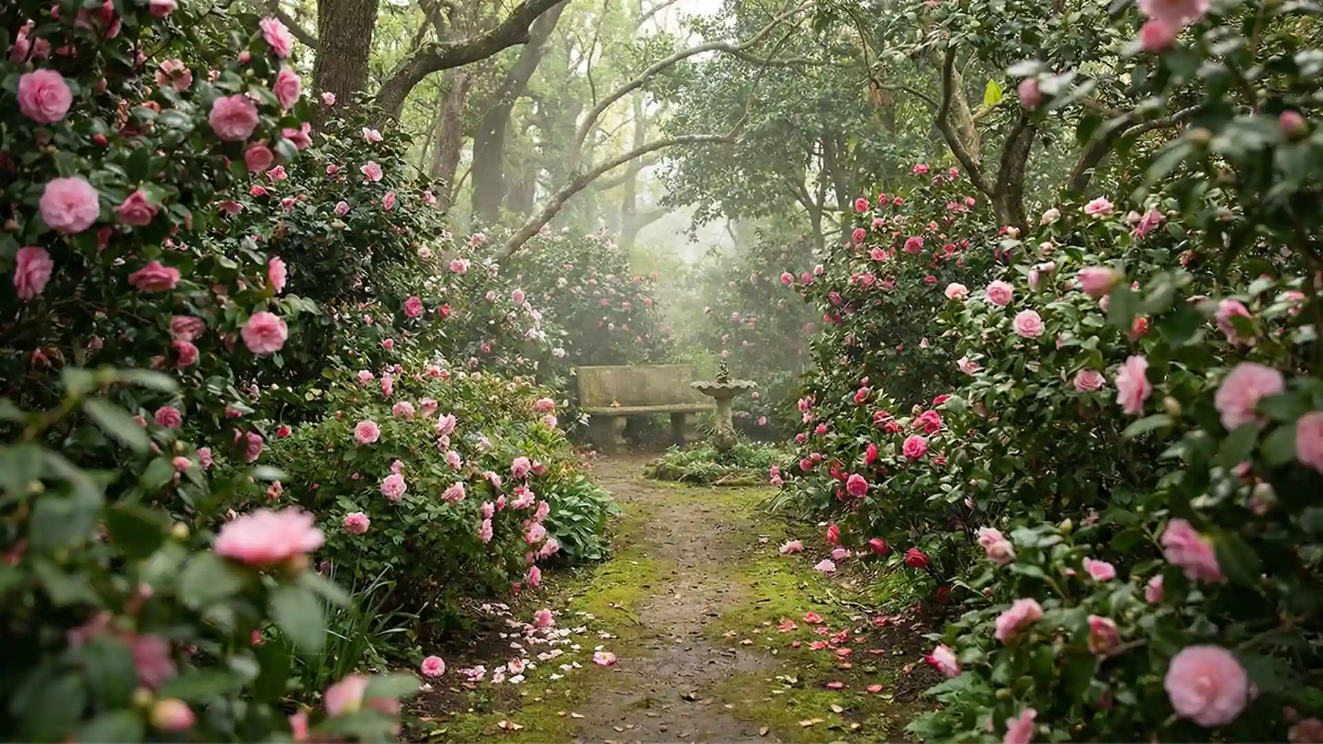 Desain Taman Teks Alternatif' yang terisi 'Desain Taman' di samping pratinjau gambar taman dengan bunga merah muda dan pepohonan hijau.
