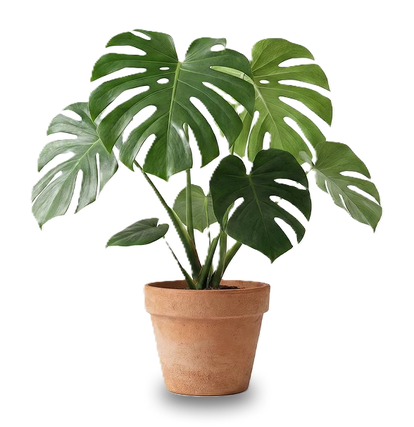 Tanaman hias Monstera Deliciosa berdaun hijau lebar segar dalam pot terakota cokelat oranye dengan latar belakang putih studio.