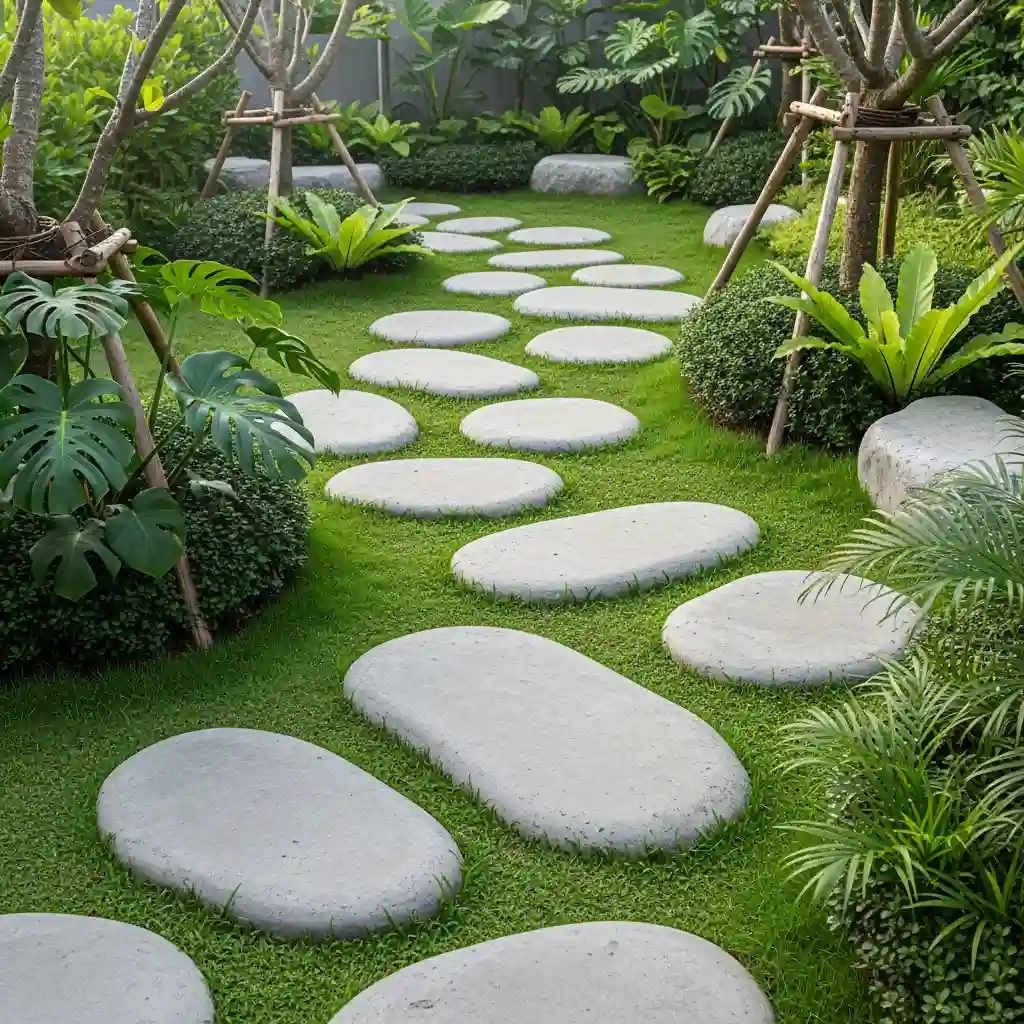 Batu Flat Organik di taman rumput