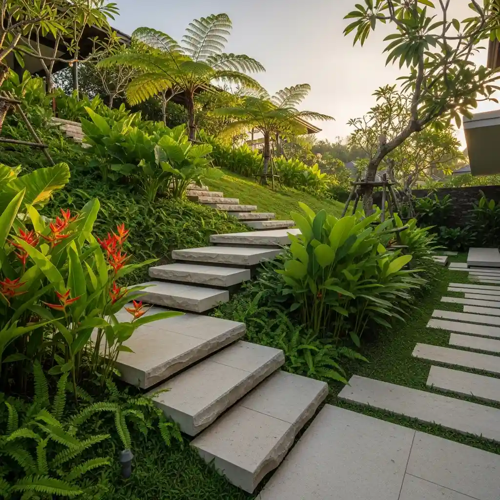 Tangga Batu Berundak di taman berkontur